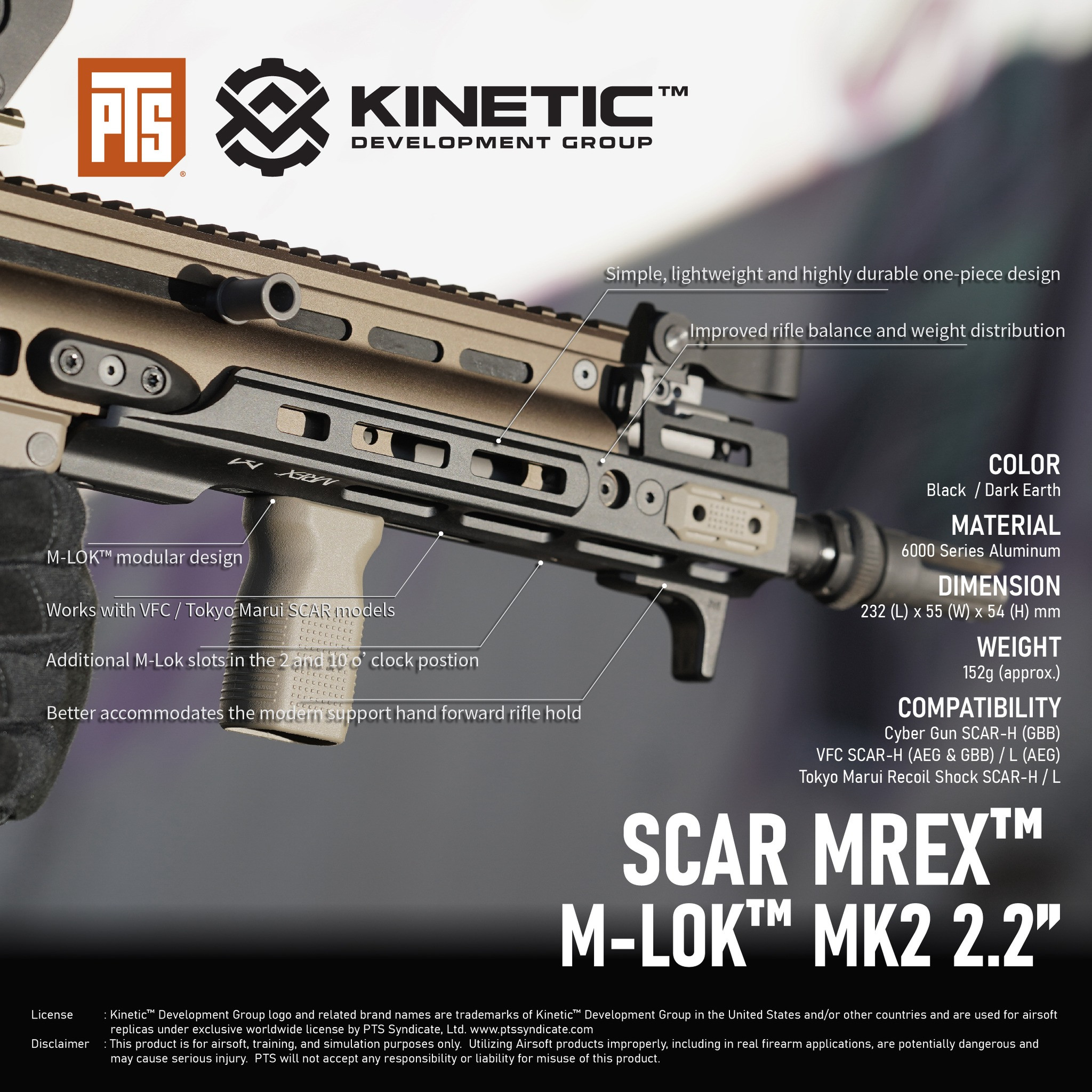 PTS Kinetic - Scar MREX M-Lok MK 2 2.2inch Rail - Noir